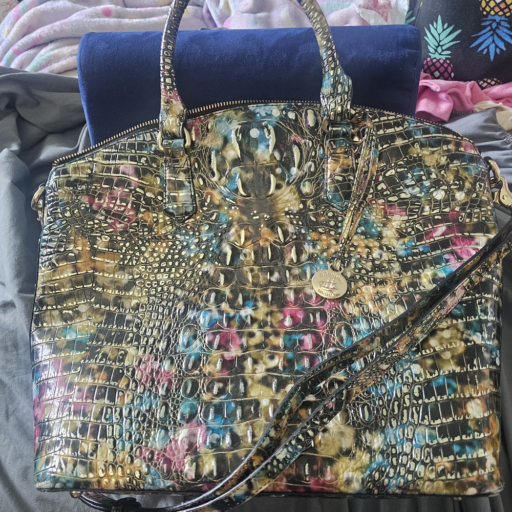 Brahmin Black and Blue Tote Bag with Crocodile Embossed Texture